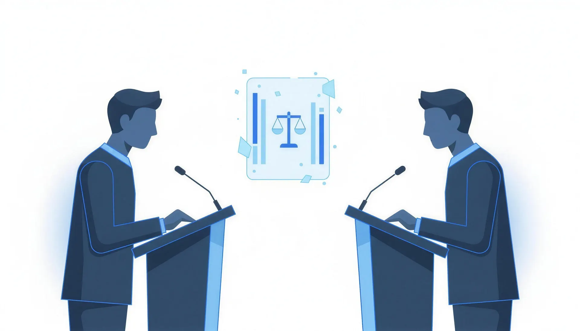 Two debaters at podiums arguing before an AI scorecard